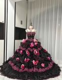 Niulatu Spaghetti Strap Ball Gown Tulle Long Prom Dresses Applique Black Quinceanera Dresses Sweet 16 Dress HZ1026