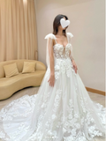 Niulatu Off-the-shoulder A-Line Long Wedding Dresses Applique Tulle White Bridal Gowns HZ1026