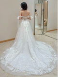 Niulatu Off-the-shoulder A-Line Long Wedding Dresses Applique Tulle White Bridal Gowns HZ1026