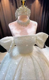 Niulatu Off-the-shoulder Ball Gown Beaded Long Wedding Dresses Tulle White Bridal Gowns Short Sleeve Bridal Dresses HZ1026