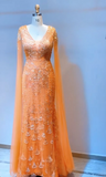 Niulatu V-neck Sheath Long Prom Dresses Sequined Tulle Orange Formal Dresses Elegant V-neck Sheath Long Prom Dresses Sequin Tulle Orange Formal Dresses Long Sleeve Mother of the Bride Dresses HZ1026