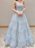 Niulatu Strapless A-Line Long Prom Dresses Tulle Ice Blue Formal Dresses Birthday Dresses HZ1026