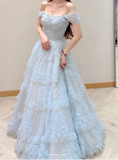 Niulatu Strapless A-Line Long Prom Dresses Tulle Ice Blue Formal Dresses Birthday Dresses HZ1026