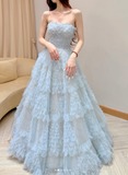 Niulatu Strapless A-Line Long Prom Dresses Tulle Ice Blue Formal Dresses Birthday Dresses HZ1026