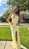 Niulatu Spaghetti Strap Sheath Long Prom Dresses Applique Tulle Yellow Evening Dresses with Slits HZ1026