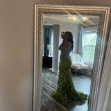 Niulatu Strapless Sheath Long Prom Dresses Applique Sequin Tulle Olive Green Bithday Dresses HZ1026