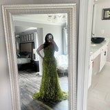Niulatu Strapless Sheath Long Prom Dresses Applique Sequin Tulle Olive Green Bithday Dresses HZ1026