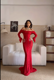 Niulatu Off-the-shoulder Sheath Long Prom Dresses, Lace Burgundy Long Birthday Dresses, Long-sleeved Burgundy Formal Dresses HZ1026