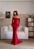 Niulatu Off-the-shoulder Sheath Long Prom Dresses, Lace Burgundy Long Birthday Dresses, Long-sleeved Burgundy Formal Dresses HZ1026