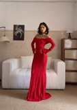 Niulatu Off-the-shoulder Sheath Long Prom Dresses, Lace Burgundy Long Birthday Dresses, Long-sleeved Burgundy Formal Dresses HZ1026