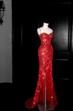 Niulatu Spaghetti Strap Sheath Long Prom Dresses, Sequined Burgundy Long Birthday Dresses, Slit Formal Dresses HZ1026