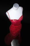 Niulatu Spaghetti Strap Sheath Long Prom Dresses, Sequined Burgundy Long Birthday Dresses, Slit Formal Dresses HZ1026