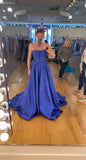 Niulatu Strapless A-line Blue Long Prom Dresses Shimmering Satin Blue Long Birthday Dresses HZ1026