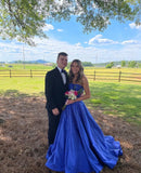 Niulatu Strapless A-line Blue Long Prom Dresses Shimmering Satin Blue Long Birthday Dresses HZ1026