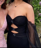 Niulatu Off-the-shoulder Sheath Black Long Prom Dresses Chiffon Black Party Dresses with Slits HZ1026