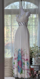 Niulatu V-neck Sheath White Evening Dresses Printed Chiffon White Party Dresses with Open Back HZ1026