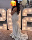 Niulatu V-neck Mermaid Light Grey Long Prom Dresses Rhinestone Light Grey Evening Dresses HZ1026