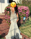 Niulatu V-neck Mermaid Light Grey Long Prom Dresses Rhinestone Light Grey Evening Dresses HZ1026