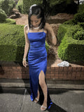 Niulatu Spaghetti Strap Sheath Blue Long Prom Dresses with Open Back Satin Blue Slit Long Birthday Dresses HZ1026