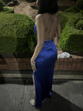 Niulatu Spaghetti Strap Sheath Blue Long Prom Dresses with Open Back Satin Blue Slit Long Birthday Dresses HZ1026