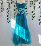 Niulatu Strap A-Line Blue Long Prom Dresses Beaded Lace Blue Formal Dresses HZ1026