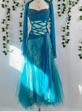 Niulatu Strap A-Line Blue Long Prom Dresses Beaded Lace Blue Formal Dresses HZ1026