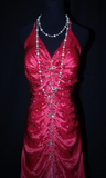 Niulatu V-neck Sheath Hot Pink Long Prom Dresses Beaded Satin Hot Pink Evening Dresses HZ1026