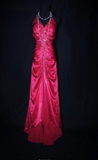 Niulatu V-neck Sheath Hot Pink Long Prom Dresses Beaded Satin Hot Pink Evening Dresses HZ1026