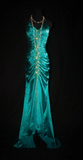 Niulatu V-neck Sheath Turquoise Long Prom Dresses Beaded Satin Turquoise Evening Dresses HZ1026