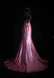 Niulatu Spaghetti Strap Sheath Pink Long Prom Dresses Silk Pleated Pink Evening Dresses HZ1026