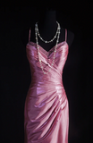 Niulatu Spaghetti Strap Sheath Pink Long Prom Dresses Silk Pleated Pink Evening Dresses HZ1026