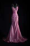 Niulatu Spaghetti Strap Sheath Pink Long Prom Dresses Silk Pleated Pink Evening Dresses HZ1026