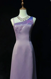 Niulatu Asymmetric Neck Sheath Lavender Long Prom Dresses Satin Lavender Evening Dresses HZ1026