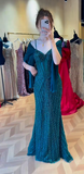 Niulatu Spaghetti Strap Mermaid Teal Long Prom Dresses Tulle Beaded Teal Wedding Guest Dresses HZ1026