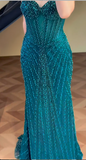 Niulatu Spaghetti Strap Mermaid Teal Long Prom Dresses Tulle Beaded Teal Wedding Guest Dresses HZ1026
