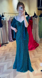 Niulatu Spaghetti Strap Mermaid Teal Long Prom Dresses Tulle Beaded Teal Wedding Guest Dresses HZ1026