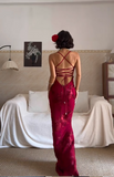 Niulatu Spaghetti Strap Mermaid Burgundy Long Prom Dresses Chiffon Applique Burgundy Formal Dresses HZ1026