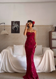 Niulatu Spaghetti Strap Mermaid Burgundy Long Prom Dresses Chiffon Applique Burgundy Formal Dresses HZ1026
