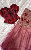 Niulatu Two-Piece Corset Burgundy Prom Dresses Beaded Tulle Burgundy Formal Dresses HZ1026