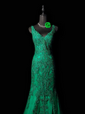 Niulatu V-neck Mermaid Green Long Prom Dresses Beaded Applique Tulle Green Evening Dresses HZ1026