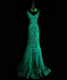 Niulatu V-neck Mermaid Green Long Prom Dresses Beaded Applique Tulle Green Evening Dresses HZ1026
