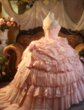 Niulatu Strapless Ball Gown Pink Long Prom Dresses Lace Pink Quinceanera Dresses Sweet 16 Dress HZ1026