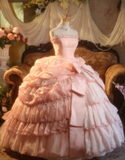 Niulatu Strapless Ball Gown Pink Long Prom Dresses Lace Pink Quinceanera Dresses Sweet 16 Dress HZ1026