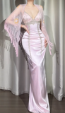 Niulatu Spaghetti Strap Sheath Pink Long Prom Dresses Beaded Satin Pink Evening Dresses HZ1026