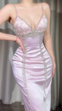 Niulatu Spaghetti Strap Sheath Pink Long Prom Dresses Beaded Satin Pink Evening Dresses HZ1026