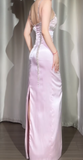 Niulatu Spaghetti Strap Sheath Pink Long Prom Dresses Beaded Satin Pink Evening Dresses HZ1026