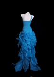 Niulatu One Shoulder Sheath Blue Hi-lo Prom Dresses Tulle Blue Evening Dresses HZ1026
