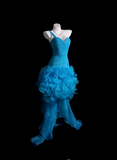 Niulatu One Shoulder Sheath Blue Hi-lo Prom Dresses Tulle Blue Evening Dresses HZ1026