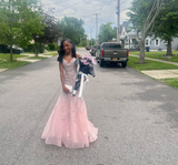 Niulatu Spaghetti Strap Mermaid Pink Prom Dresses Tulle Applique Pink Evening Dresses HZ1026