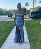 Niulatu Strapless Sheath Blue Long Prom Dresses Glitter Chiffon Blue Evening Dresses with Slit HZ1026